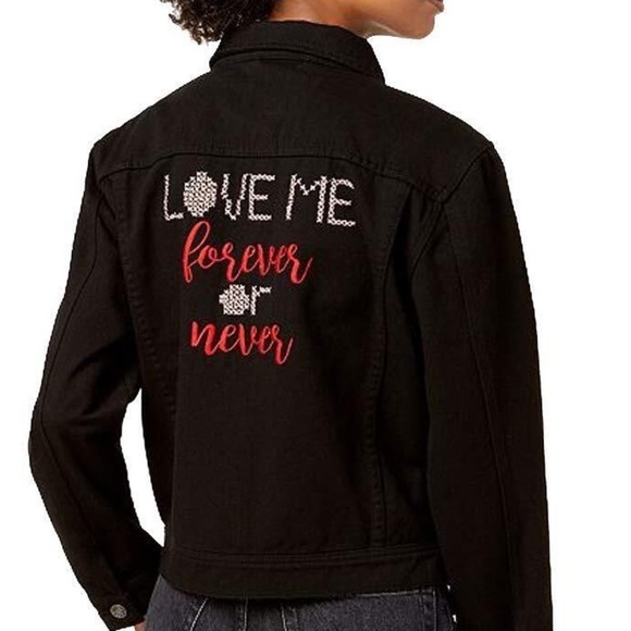 The Edit by Seventeen Love Me black jean jacket w/embroidered flowers Sz-M. W11 - Picture 1 of 14